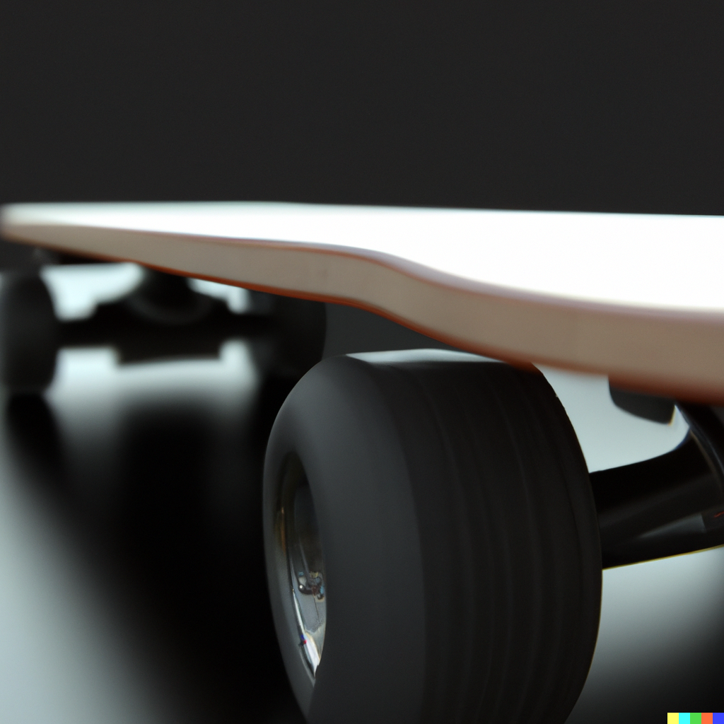 Image of a brown skateboard with black rubber wheels. Source: dall e