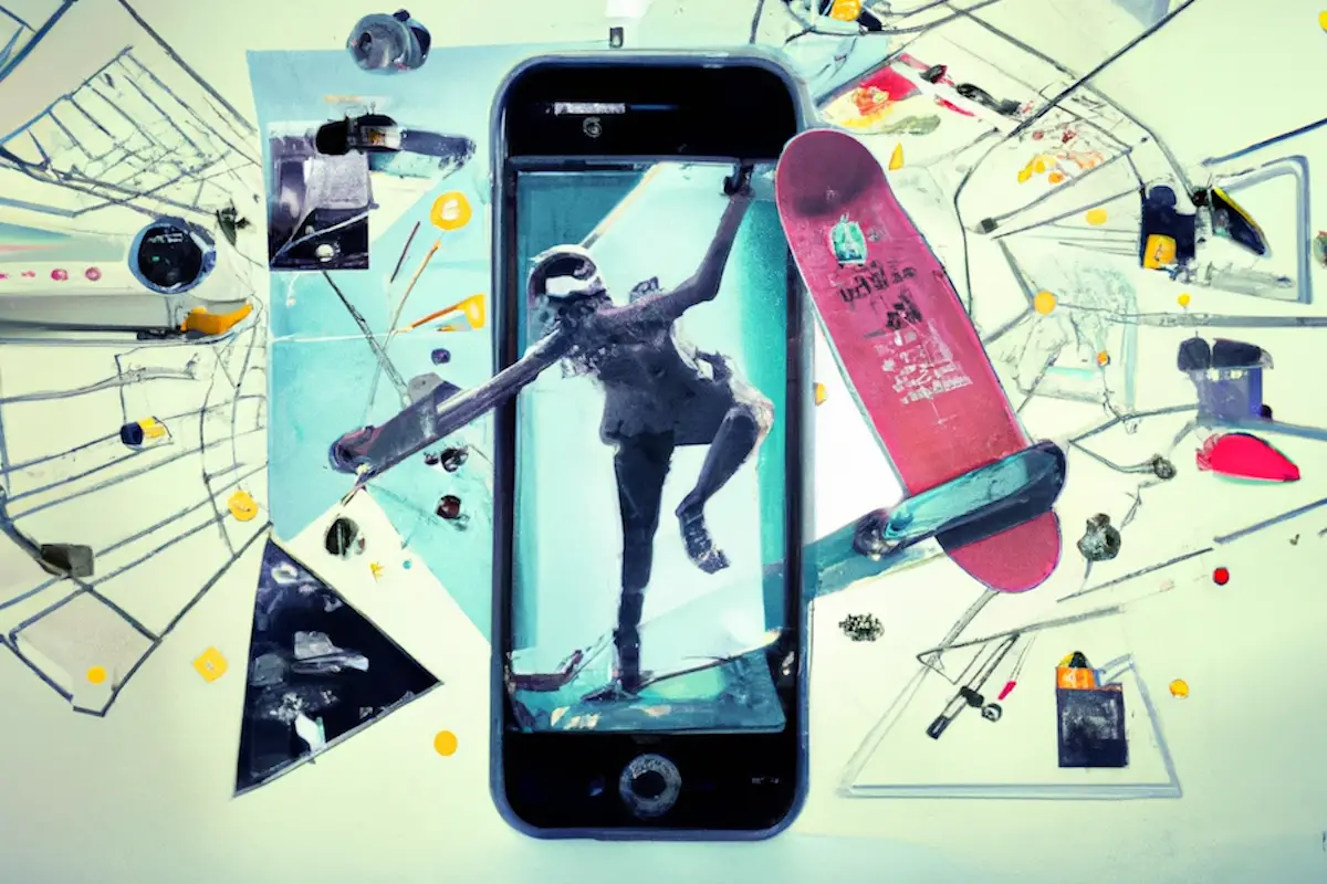 Image of broken phone with a skateboarder popping out. Source: dalle 2