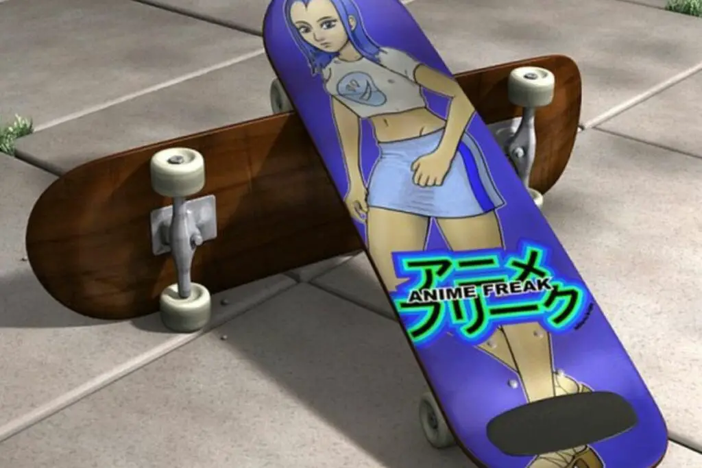 Image of skateboard with anime deck design.